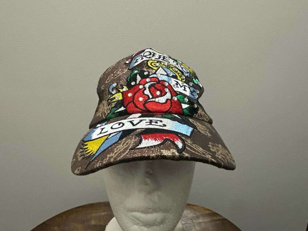 Ed Hardy True To My Love Rose Tattoo‎ Brown Glitter Trucker Hat One Size